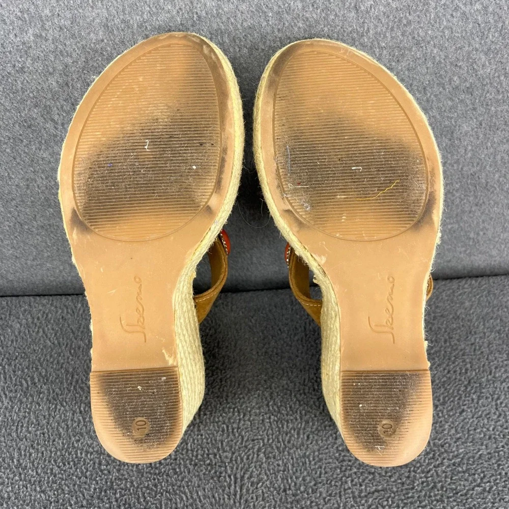 Skemo Wedge Sandals Womens 10‎ Tan Coral Embellished Espadrille Boho Rhinestone
